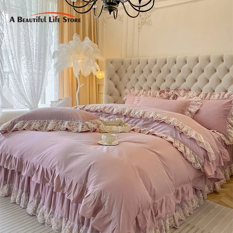 DecorBites™ Korean Princess Lace Ruffles Bedding Set in Bean Paste Pink
