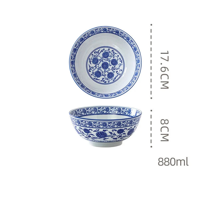 DecorBites™ Blue and White Retro Ceramic Soup Noodle Bowl