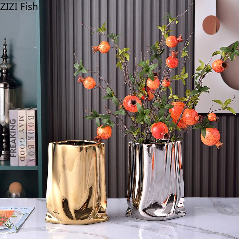 DecorBites™ Gold Plated Pleated Texture Ceramic Vase for Desk Decor and Flower Arrangements
