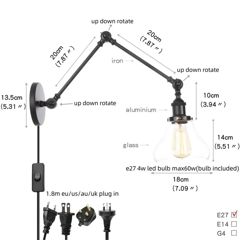 DecorBites™ Clear Glass Swing Arm Wall Light Fixture for Dining Living Room Cafe
