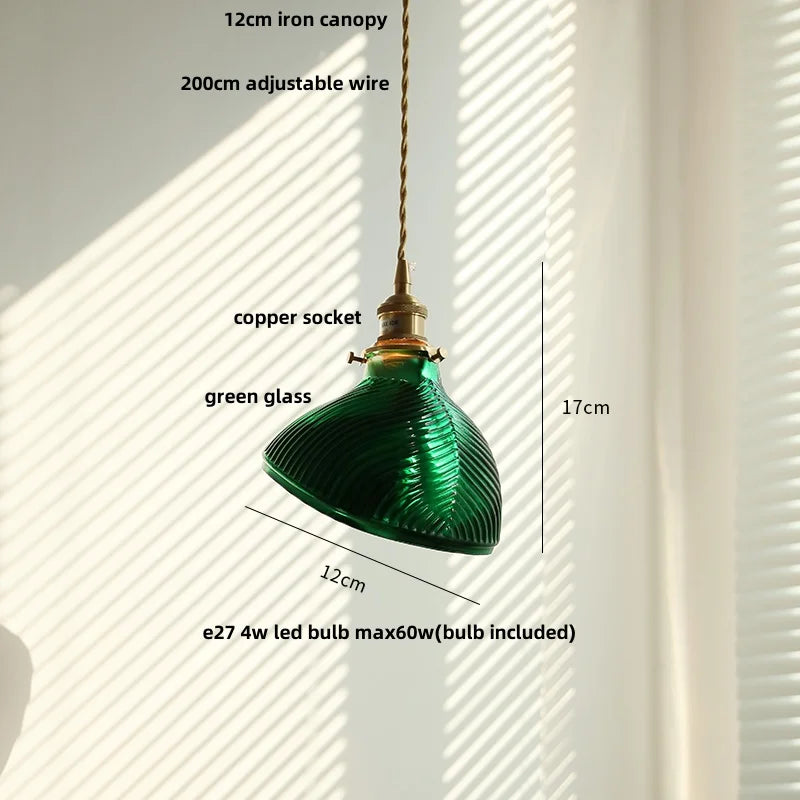 DecorBites™ Copper Canopy LED Pendant Light Fixture Green Glass Hanging Lamp