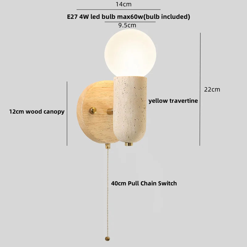 DecorBites™ LED Wall Light Fixture Travertine Stone Wood Canopy Bedside Lamp