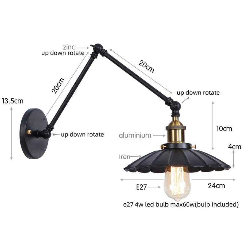 DecorBites™ Gold Industrial LED Wall Lamp with Pull Chain Switch for Home Decor