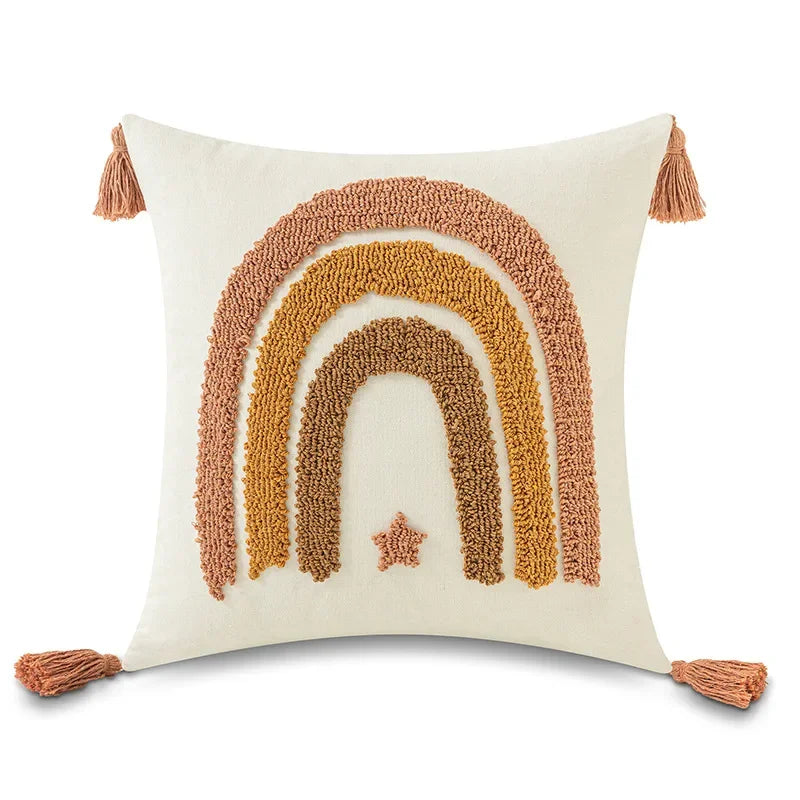 DecorBites™ Boho Yellow Rainbow Star Moon Embroidery Pillow Cover 45x45cm with Tassels