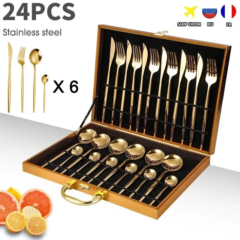 DecorBites™ 24-Piece Gold Stainless Steel Cutlery Set - Elegant Tableware Gift Box