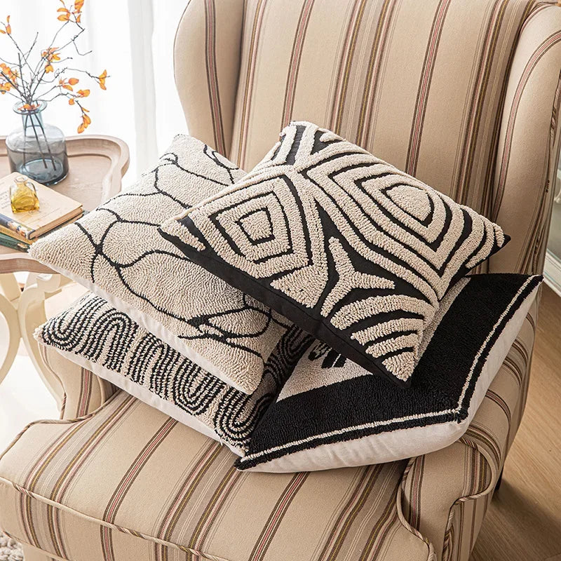 DecorBites™ Geometric Embroidered Cushion Cover in Modern Beige and Black