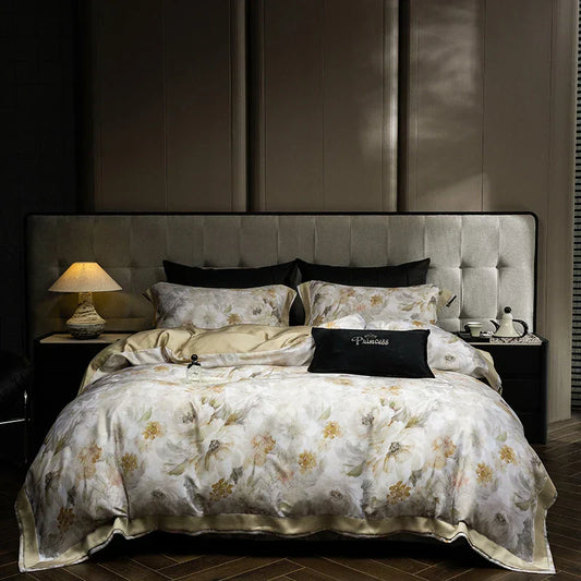 DecorBites™ Eucalyptus Fiber Floral Print Bedding Set: Duvet, Sheet, Pillowcases - 4Pcs