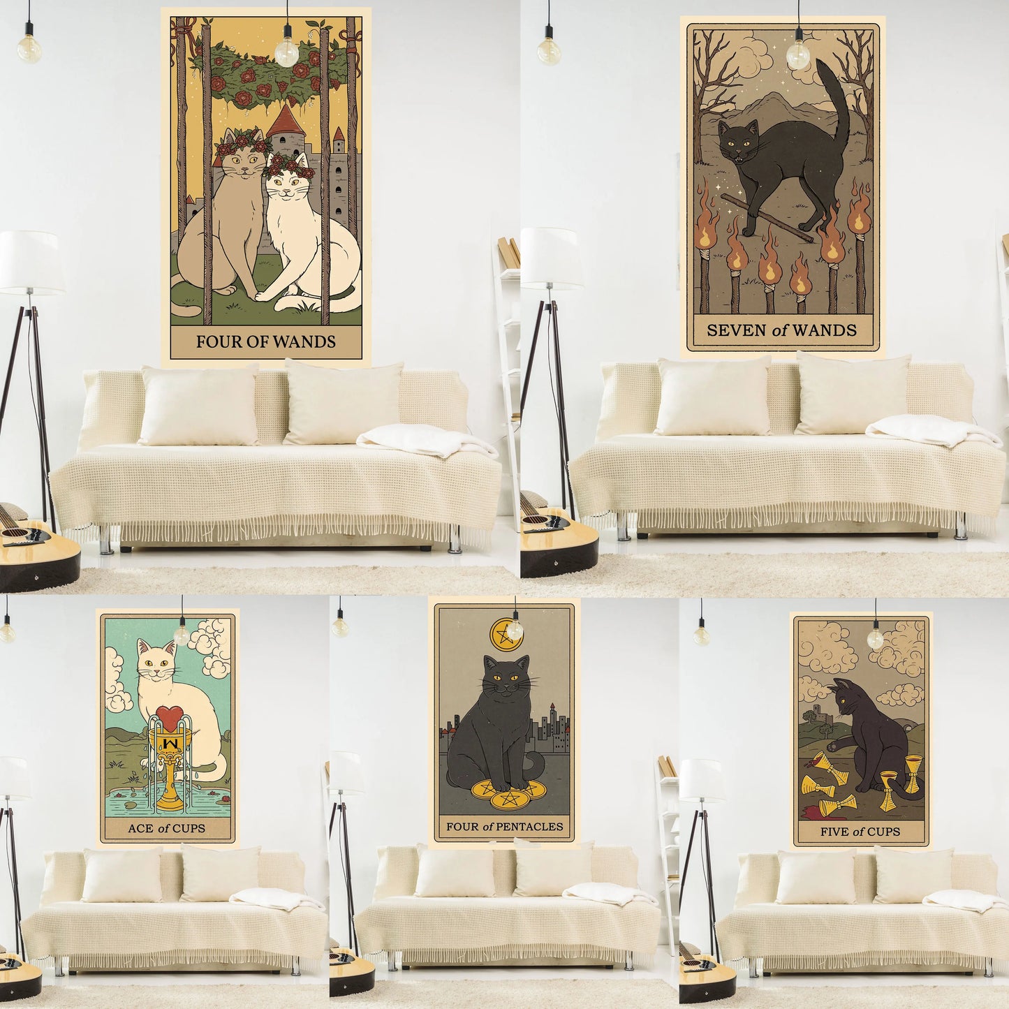 DecorBites™ Cat Tapestry Wall Hanging Tarot Black White Psychedelic Love Star Home Decor