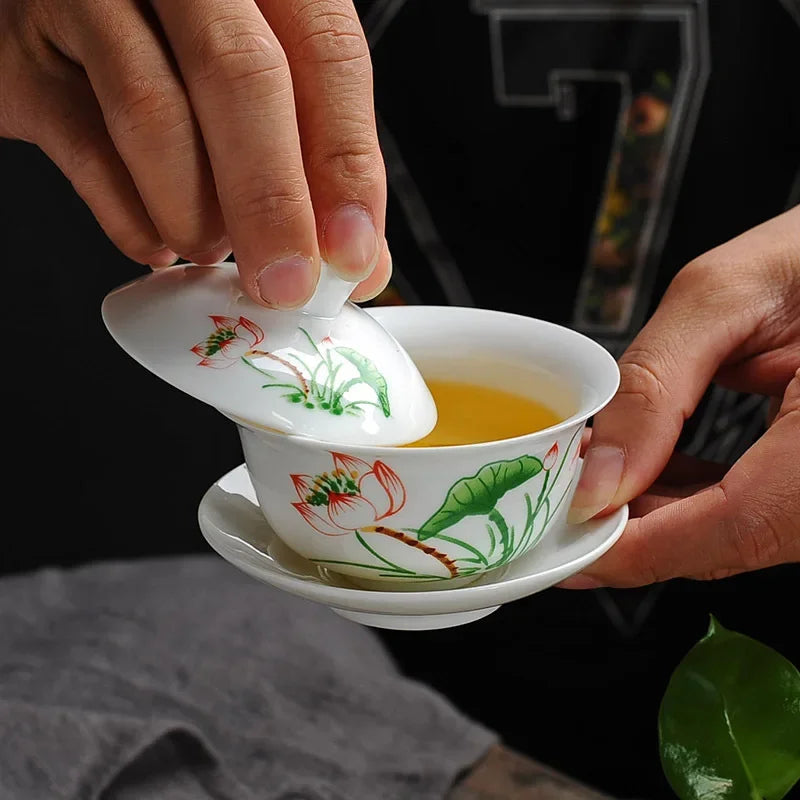 DecorBites™ Lotus Hand-Drawn Gaiwan Tea Set - White Porcelain Jingdezhen Teapot Puer Cup