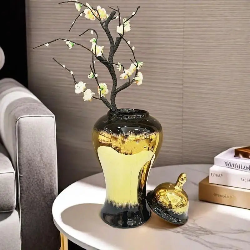 DecorBites™ Black Gold Gradated Ginger Jar: Ceramic Checkmate Jar, Home Decoration Accessories