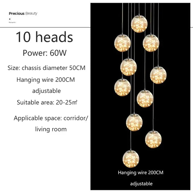 DecorBites™ Luminous Glass Ball Pendant Chandeliers for Living Dining Room Decor LED Lighting