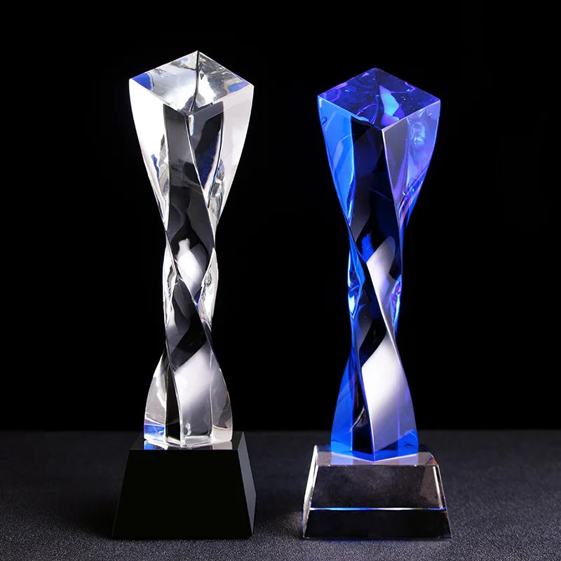 DecorBites™ Blue Glass Twisted Column Trophy - Customize Competition Prize