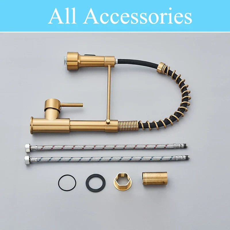 DecorBites™ Brushed Gold LED Kitchen Faucet: Single Handle Pull-down Spring Sink Tap