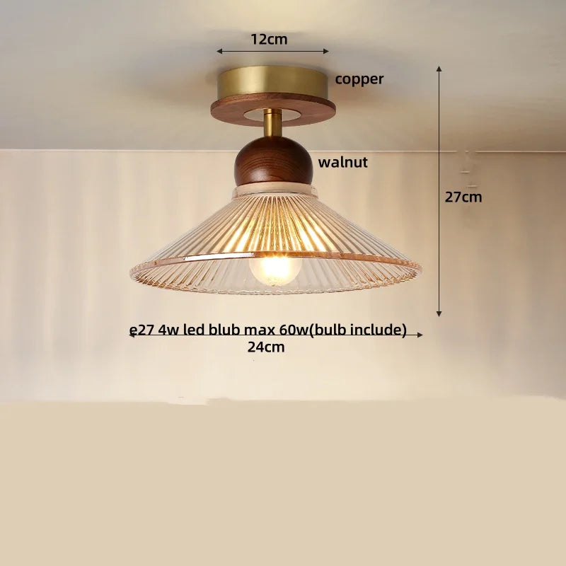 DecorBites™ Amber Glass Wood LED Ceiling Light Fixture for Modern Living Room.