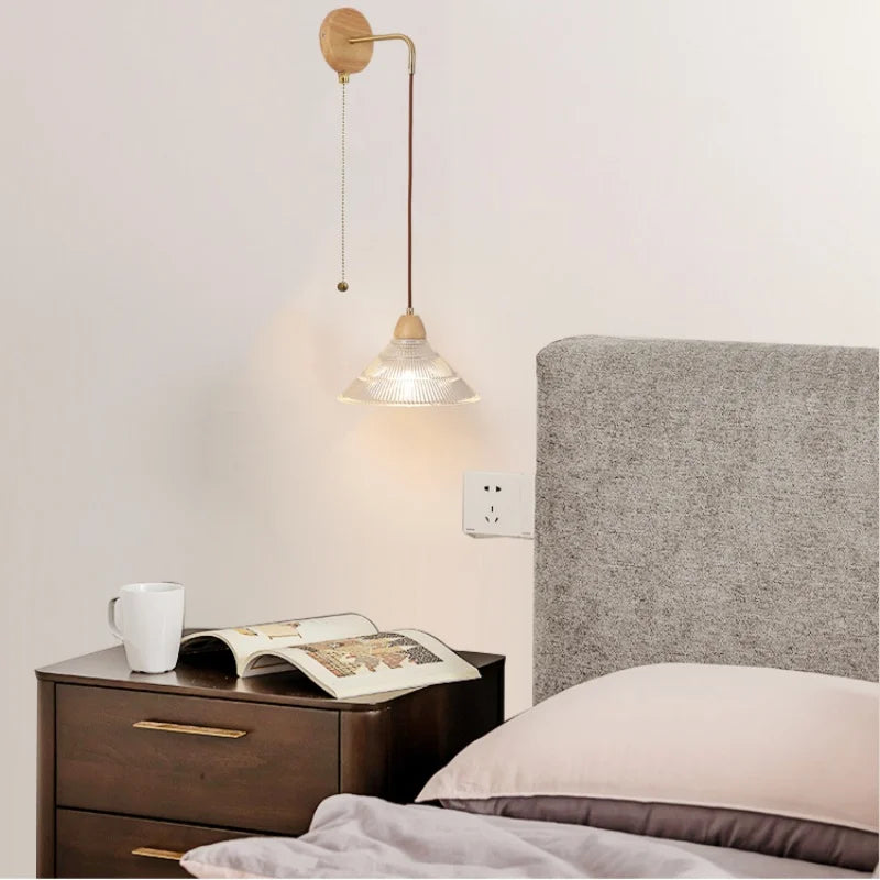 DecorBites™ Clear Glass LED Wall Lights with Wood Pull Chain Switch - Modern Copper Stair Light