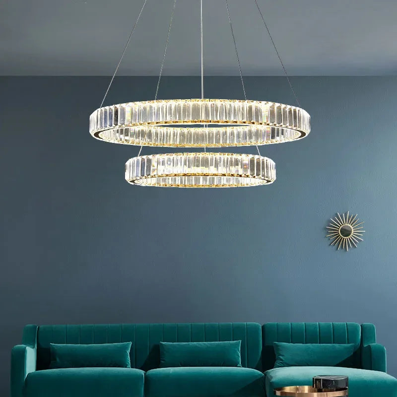 DecorBites™ Crystal LED Chandelier: Modern Steel Pendant Lighting for Luxurious Foyer Decor