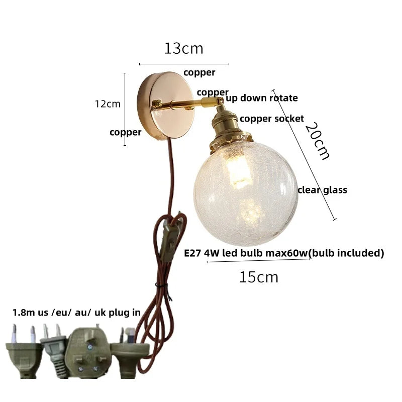 DecorBites™ Clear Glass LED Wall Sconce Pull Chain Switch Modern Bathroom Mirror Light