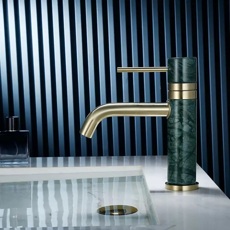 DecorBites™ Brushed Gold Bathroom Faucet with Swivel Spout and Marble Accents