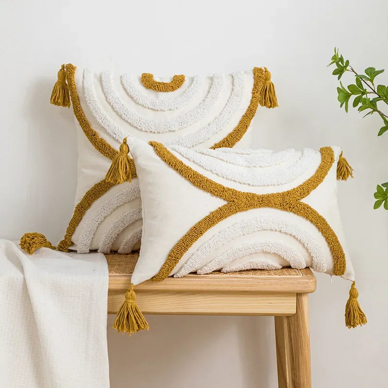DecorBites™ Geometric Cotton Embroidered Pillow Case with Tufted Fringe, Decorative Sofa Cushion Cover