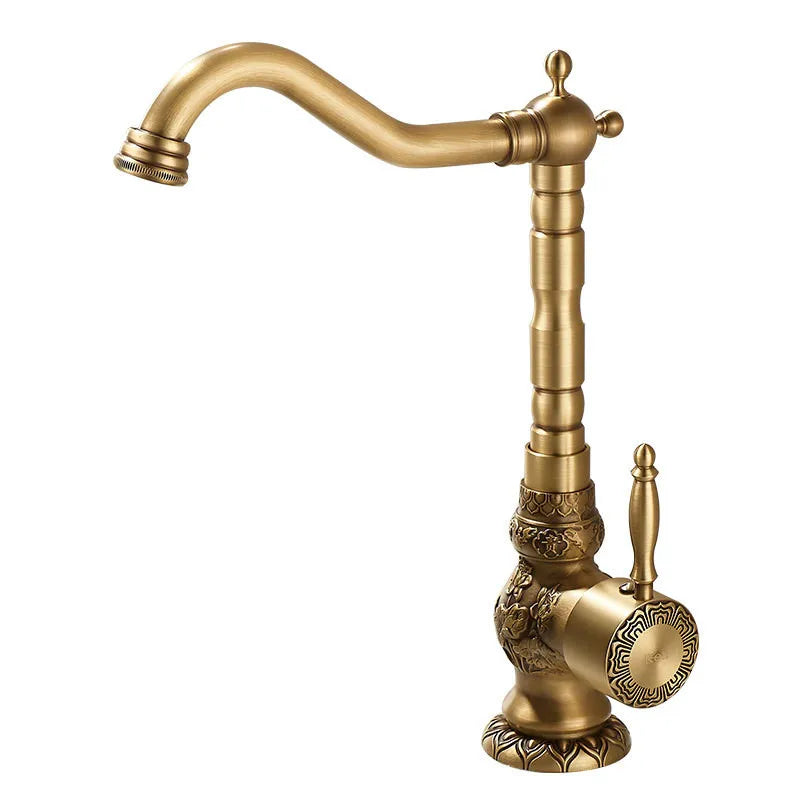 DecorBites™ Antique Carved Brass Bathroom Sink Faucet Hot & Cold Mixer Deck Mounted Tap