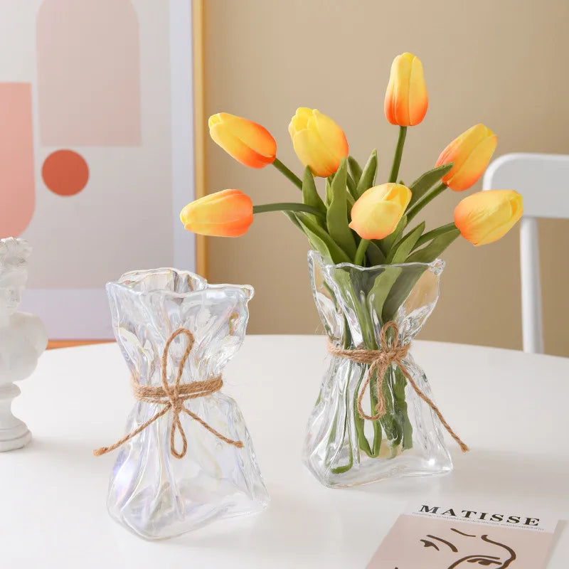 DecorBites™ Clear Glass Vase Irregularly Folded Handicraft Ornaments Hydroponic Flower Vases