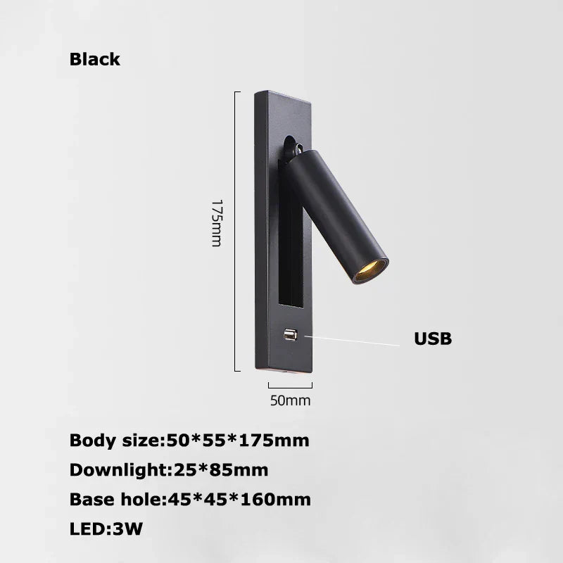 DecorBites™ LED Wall Lamp with Switch, USB Port, Rotatable - Bedroom Reading Light