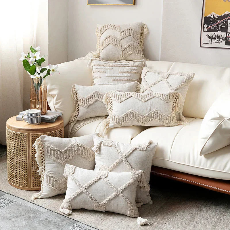 DecorBites™ Boho Nordic Tassel Pillow Case - Beige Cotton Linen Cushion Cover