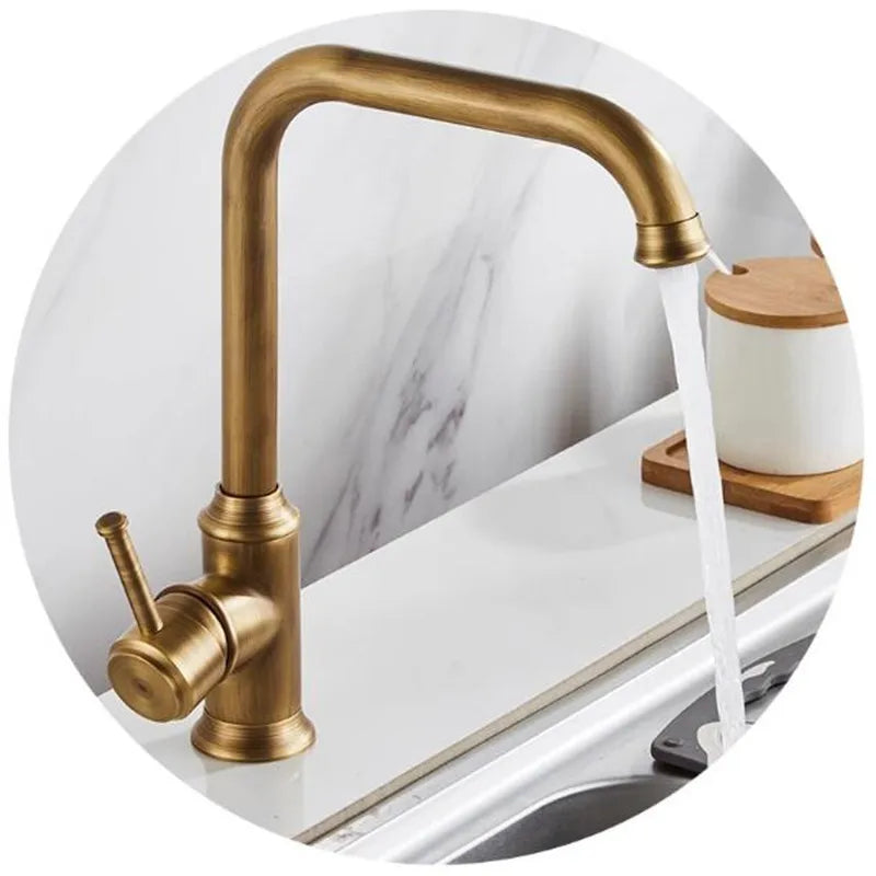 DecorBites™ Antique Brass Kitchen Faucet 360° Swivel Sink Tap Mixer Hot Cold Rotating Faucet