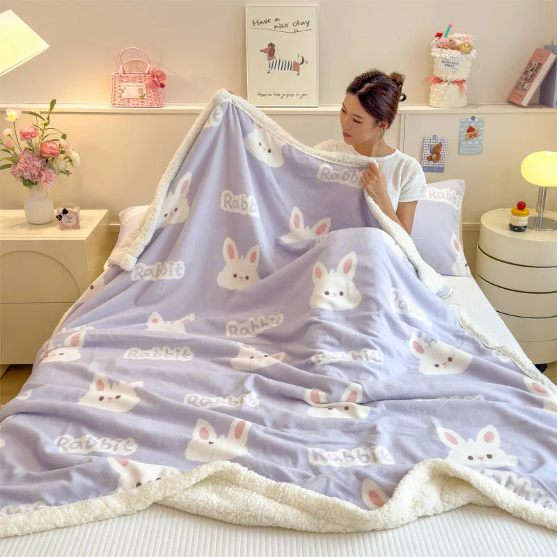 DecorBites™ Cartoon Printed Lamb Wool Blanket: Soft, Skin-Friendly Sofa Cover for All Seasons