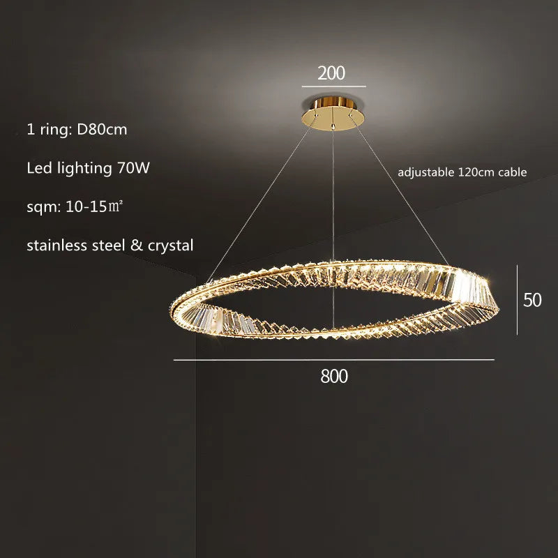 DecorBites™ Gold Steel Rings Crystal Pendant Light