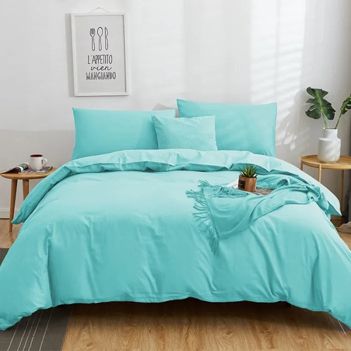 DecorBites™ Cotton 4pcs Bedding Set Double Queen Solid Color Duvet Cover Flat Bed Sheet