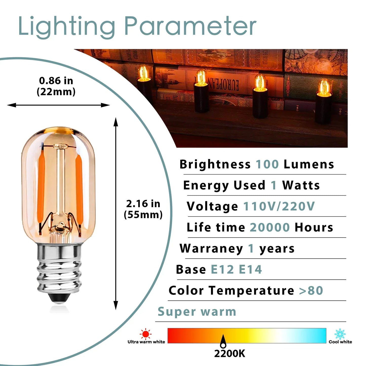 DecorBites™ Amber Glass Dimmable LED Filament Bulb E12 E14 Base T22G 1W 2200K