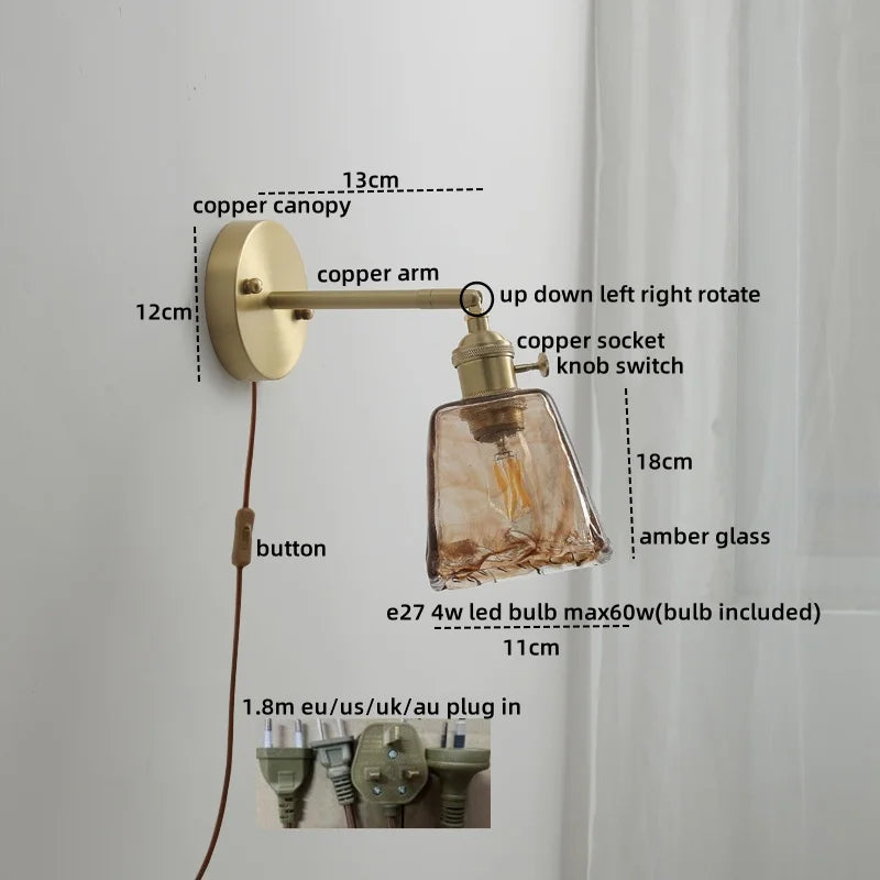 DecorBites™ Glass Copper LED Wall Lamp with Knob Switch for Modern Home Decor