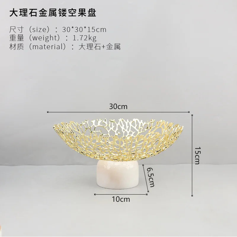 DecorBites™ Coral Disc Pedestal | Metal Tray Marble Base Fruit Plate Gold Compote