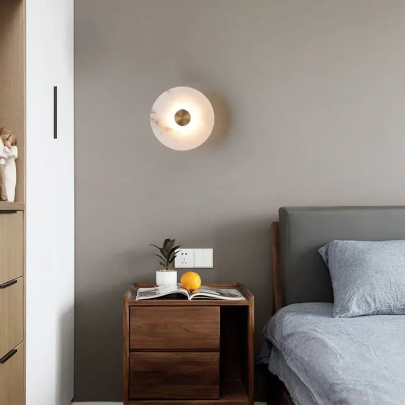 DecorBites™ LED Marble Brass Wall Sconce: Modern Art Deco Round Light for Parlor & Aisle