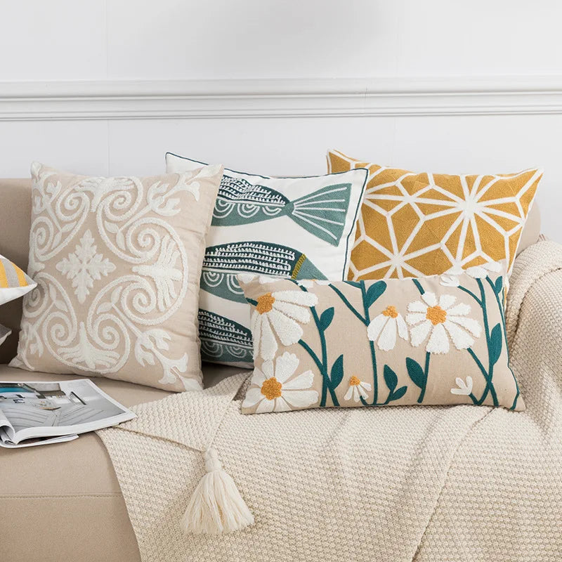 DecorBites™ Daisy Yellow Floral Geometric Pillow Cover - Soft Cozy Embroidery for Living Room