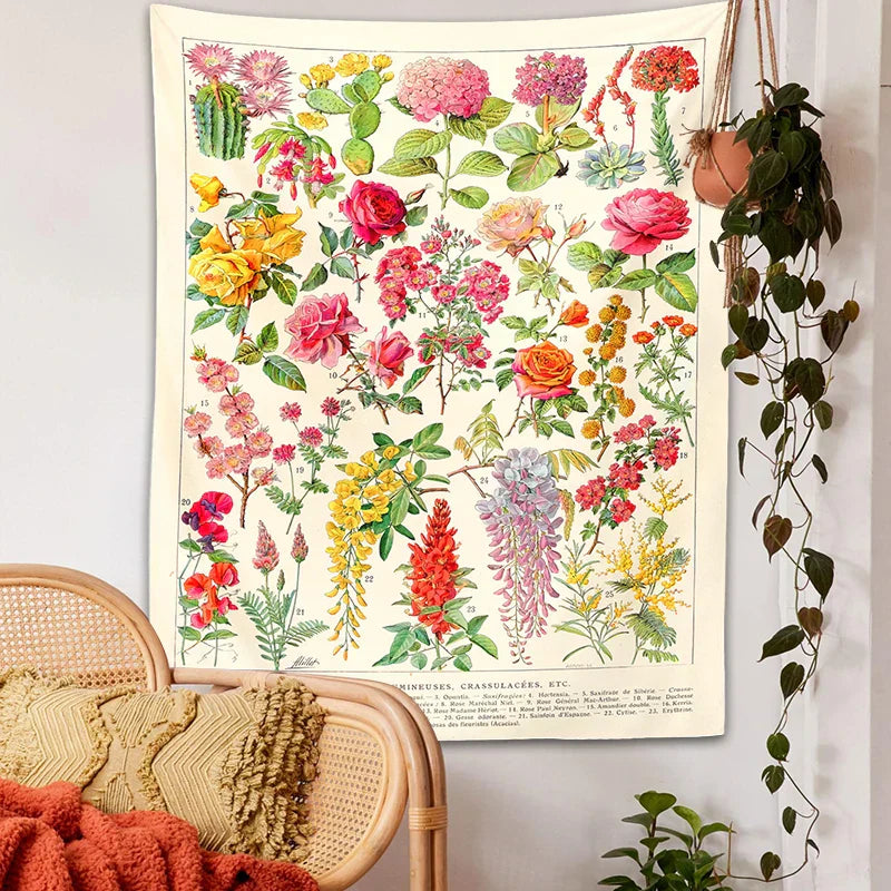 DecorBites™ Botanical Floral Tapestry Wall Hanging Garden Flower Illustration Cactus Boho Hippie Dorm Decor