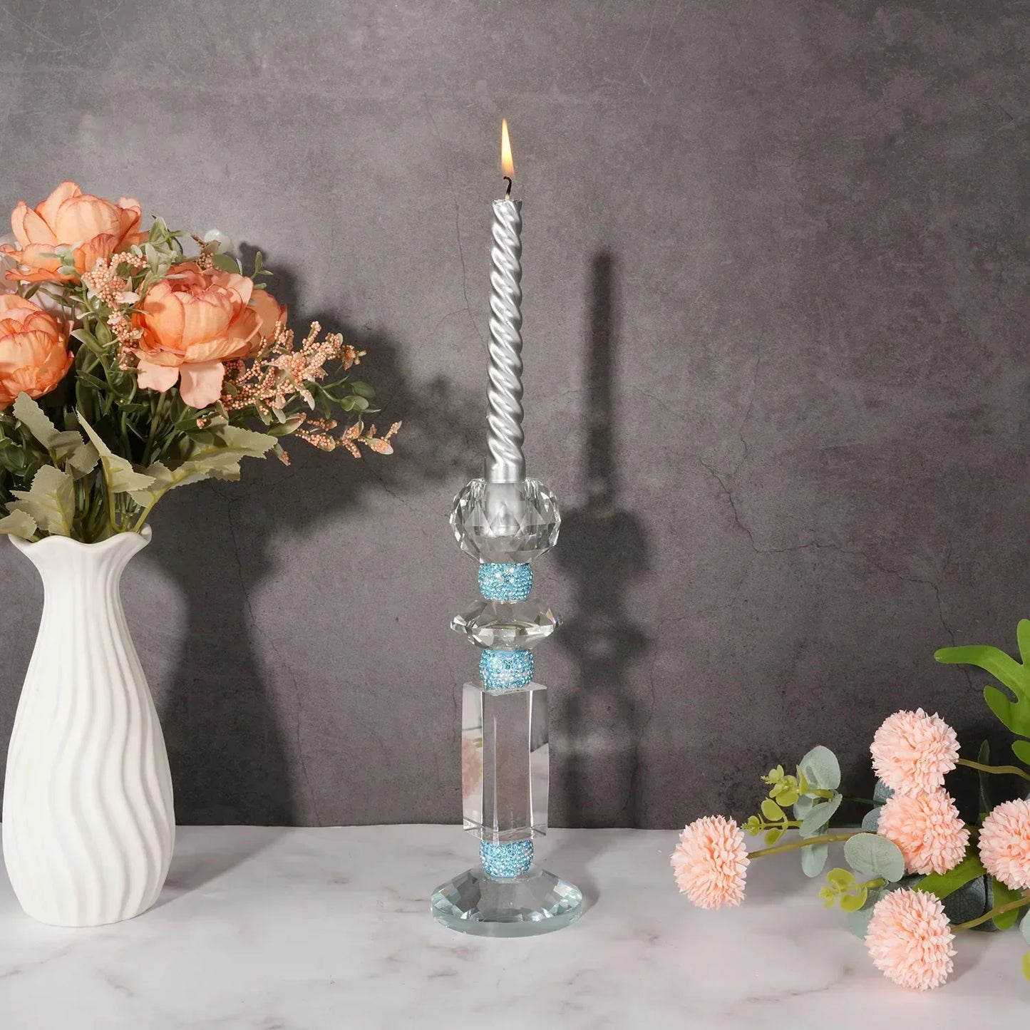 DecorBites™ Blue Diamond Crystal Glass Candle Holder Candelabrum