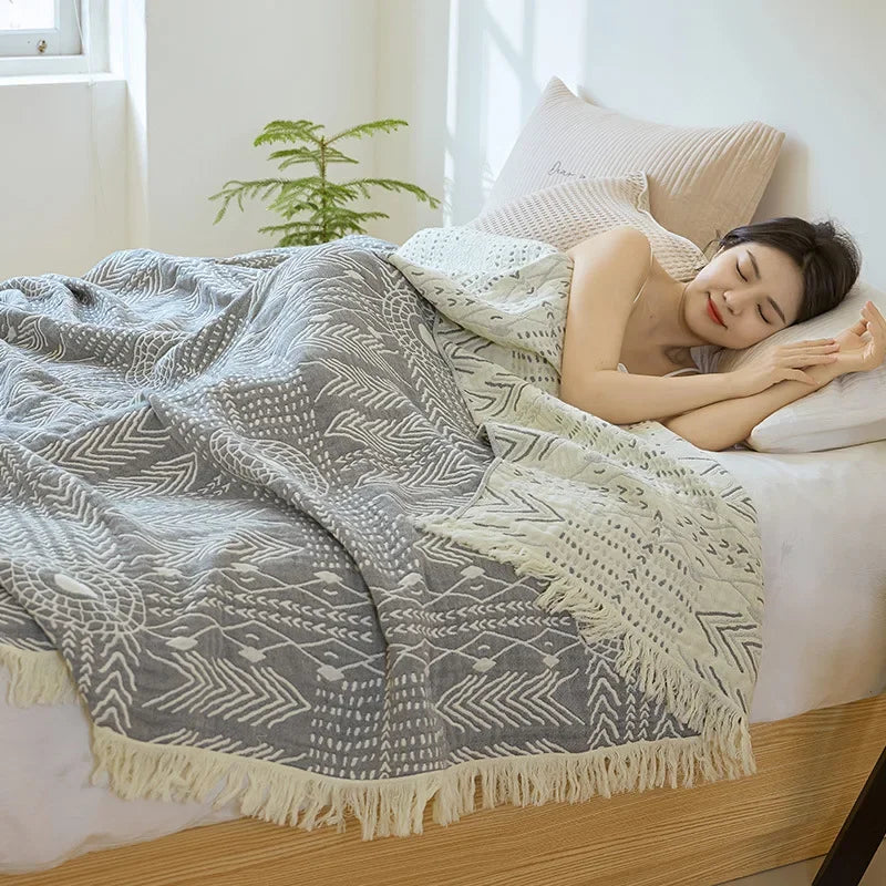DecorBites™ Bohemian Cotton Throw Blanket - Four Layer Gauze Bedspread with Tassel Detail