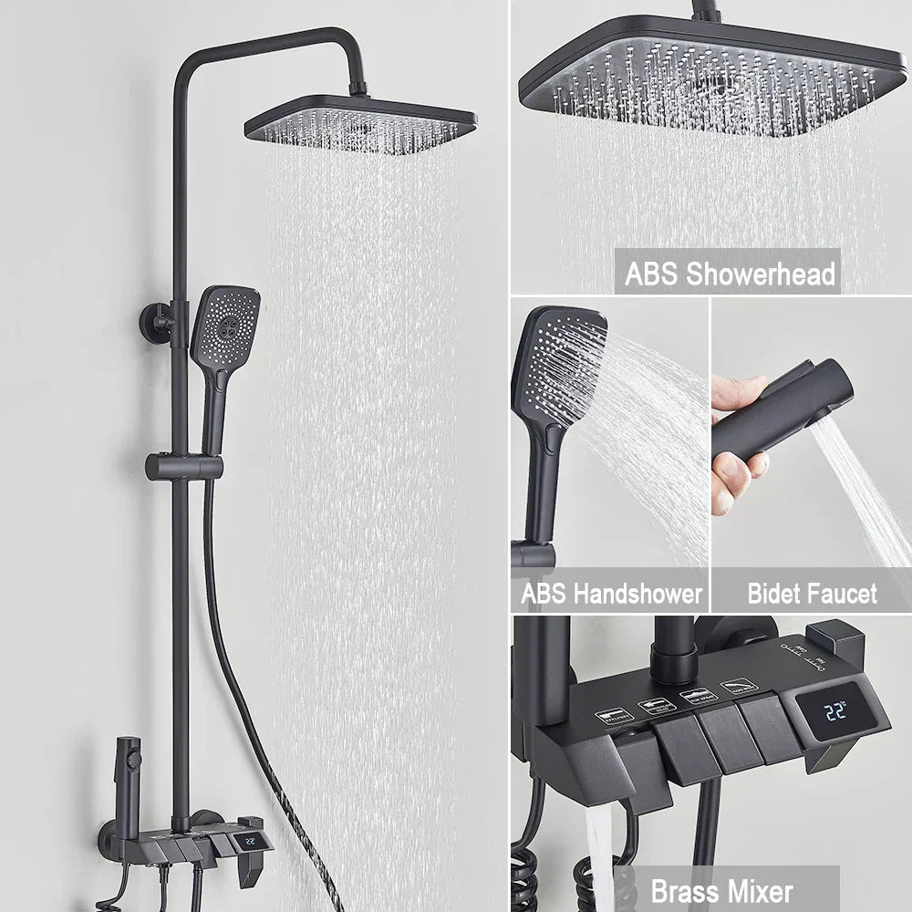 DecorBites™ Black Piano Digital Shower System with Intelligent Brass Faucets and White Rainfall Shower