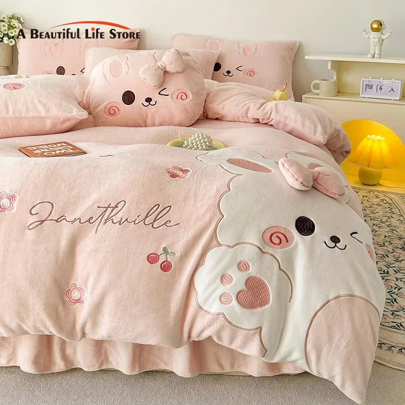 DecorBites™ Cartoon Rabbit Applique Embroidery Bedding Set with Velvet Fleece for Cozy Comfort