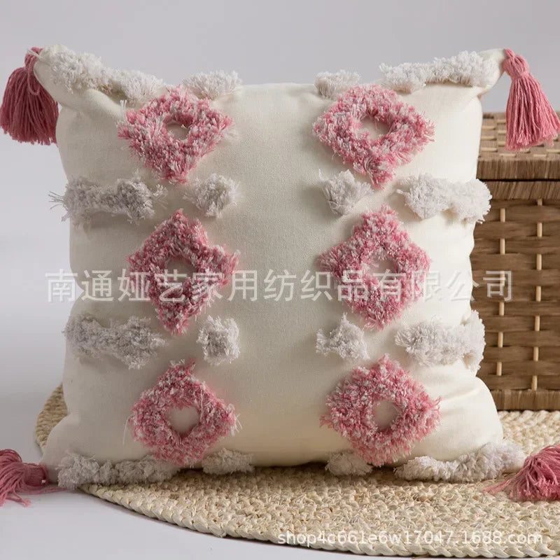 DecorBites™ Geometric Tufted Tassel Cushion Cover Cotton Canvas Fall Pillow Cover