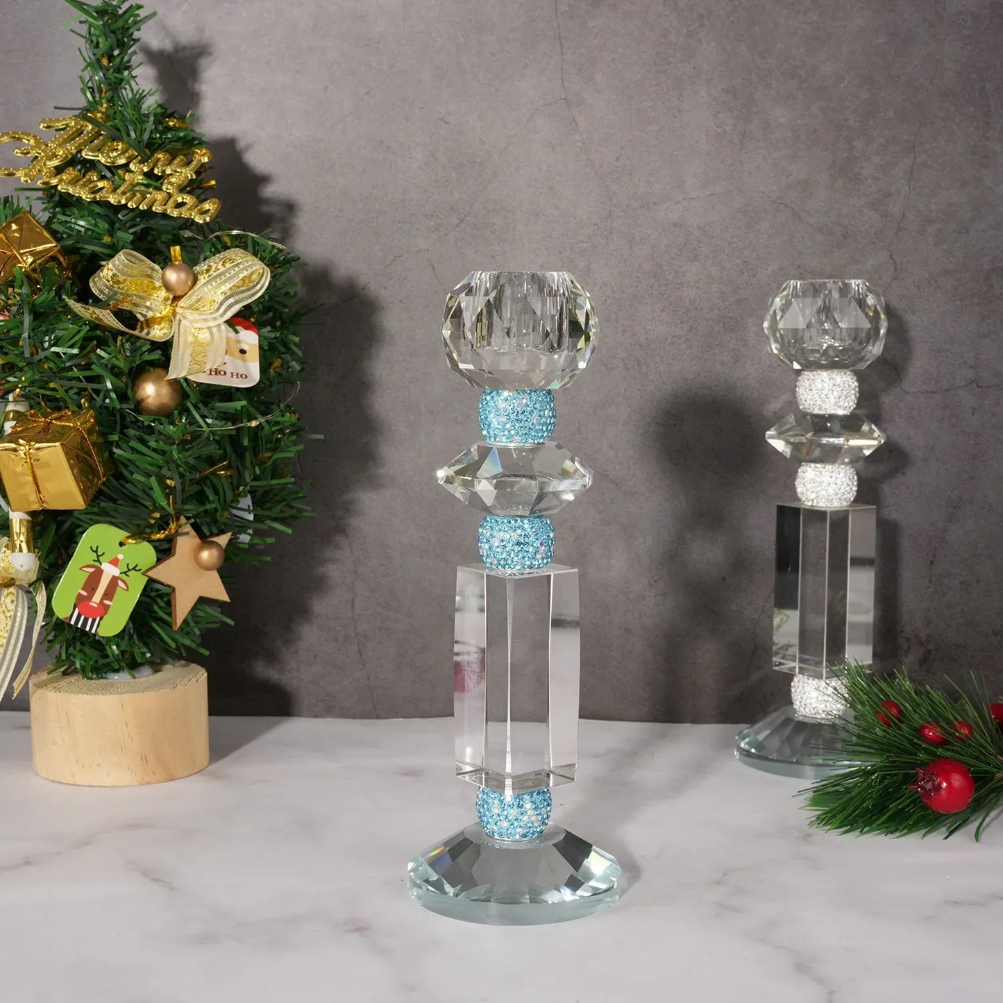 DecorBites™ Blue Diamond Crystal Glass Candle Holder Candelabrum