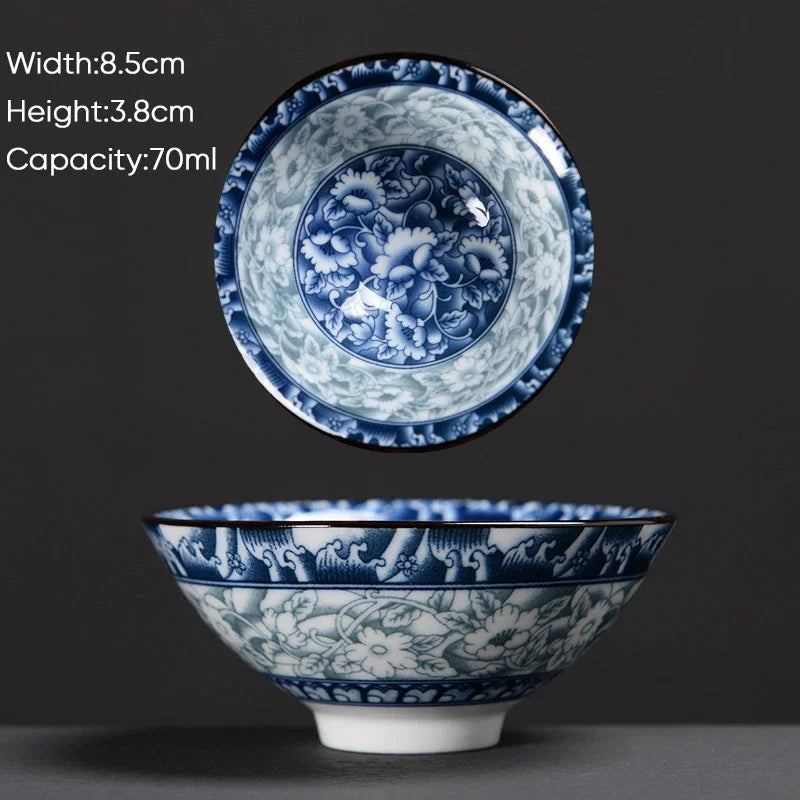 DecorBites™ Blue & White Ceramic Kung Fu Tea Cup - Japanese Style Porcelain Sake Cups