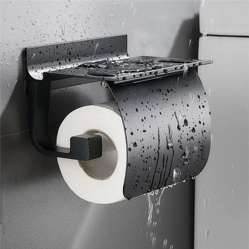 DecorBites™ Black Toilet Paper Holder with Silver Phone Storage Shelf