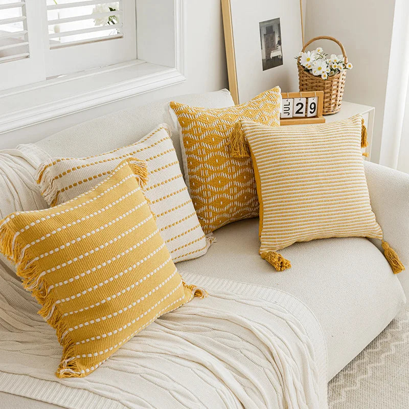 DecorBites™ Geometric Tufted Cushion Cover with Crochet Tassels - Nordic Yellow Striped Pillow Cover