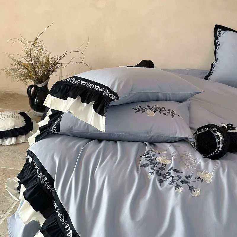 DecorBites™ Flowers Embroidery Ruffles Cotton Bedding Set with Duvet Cover, Sheet, Pillowcases