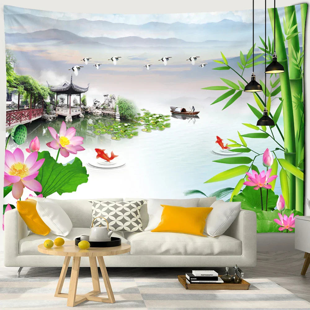 DecorBites™ Ink Lotus Koi Tapestry: Boho Aesthetic Psychedelic Room Art Hippie Decor