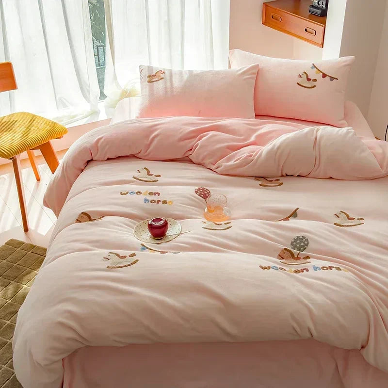 DecorBites™ Embroidered Fleece Winter Bedding Set: Duvet Cover, Sheet, Quilt, Pillowcases