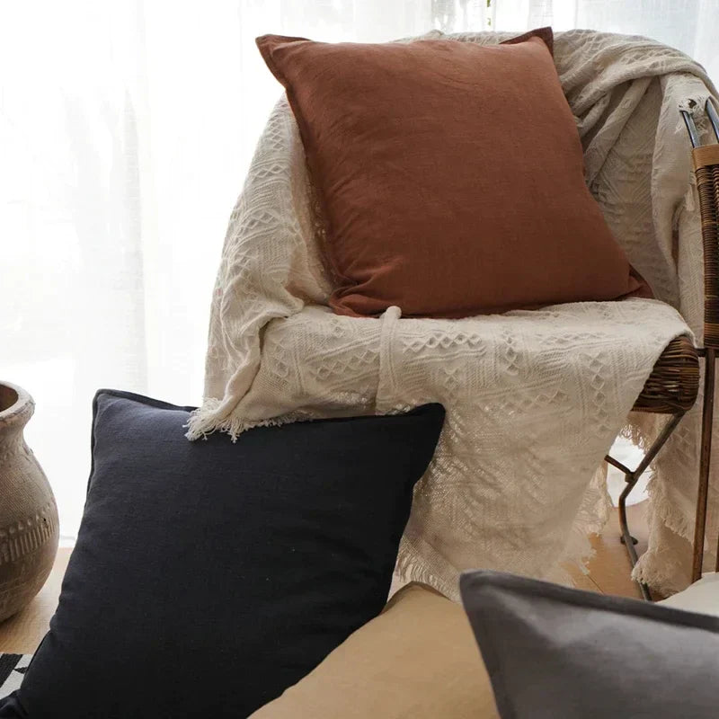 DecorBites™ Linen Pillow Cover 45x45cm with Fringe in Ivory/Dark Grey/Coffee for Home Decor